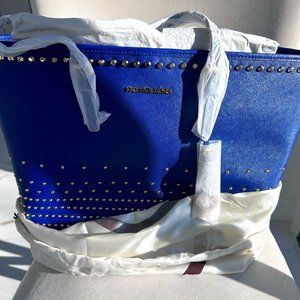 STUNNING BLUE MICHAEL KORS JET SET STUD MEDIUM TRAVEL TOTE SAPPHIRE #30S4GVGT6L